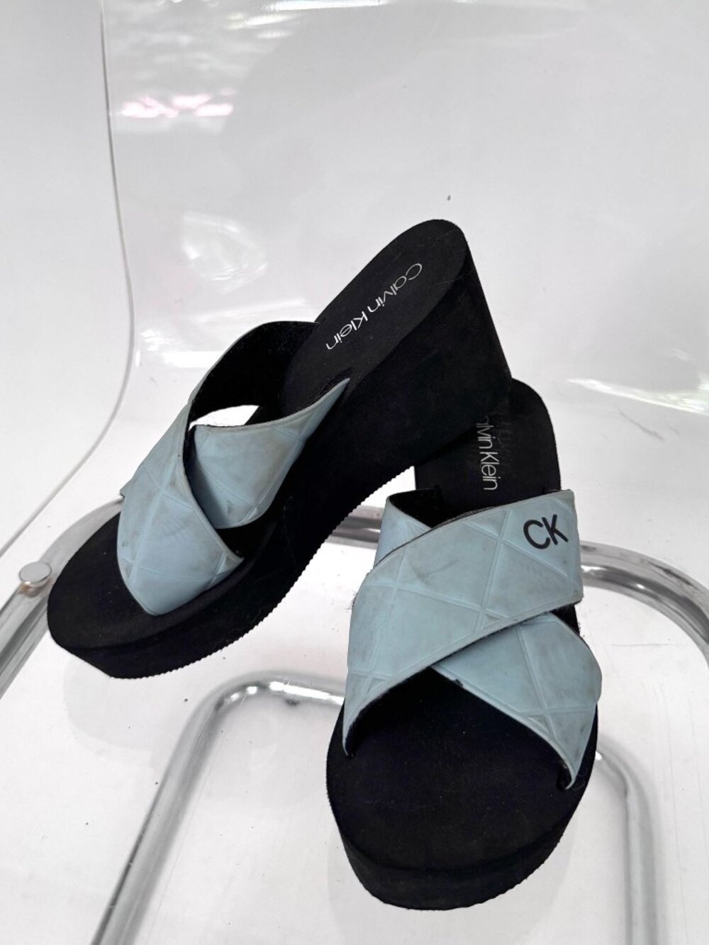Vintage Calvin Klein distressed chunky blue platform wedges slides Size 7.5 8